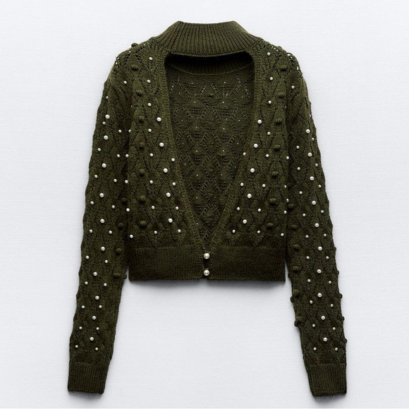 Zara GREEN OPEN BACK KNIT SWEATER WITH PEARLS - Picture 6 of 11